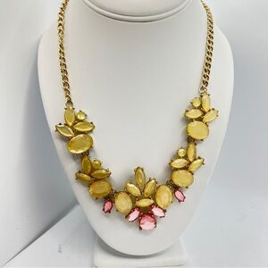 Cabochon Bib Necklace Alternating Pale Yellow Pink Floral Vibe Goldtone Chain